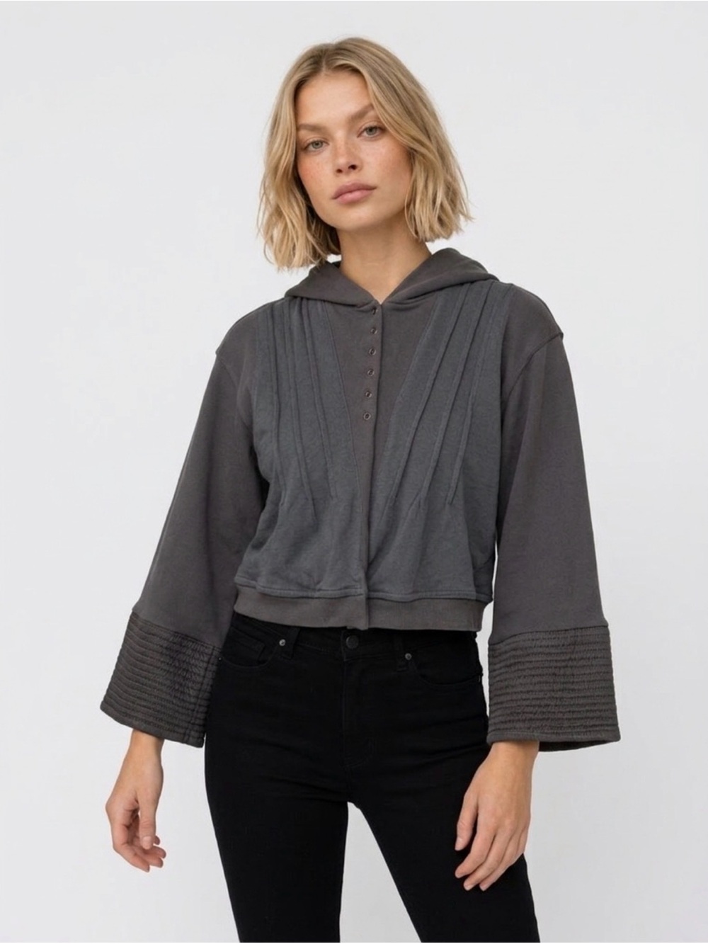 Adidas Stella McCartney Charcoal Pintuck Cropped Hoodie Bell Sleeve Small